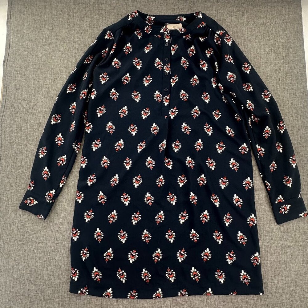 LOFT Shift Dress Dark Navy Blue XS Long Sleeve Roll tab Lightweight Paisley